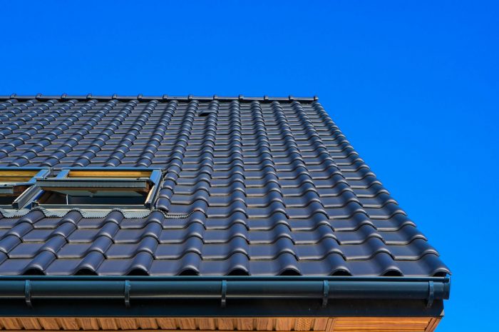 Roof with skylight seen from a low angle.
