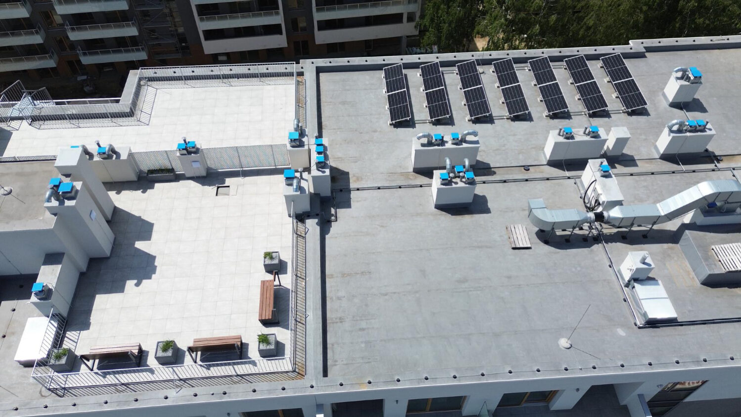 Foam roofing installation on a commercial building in California