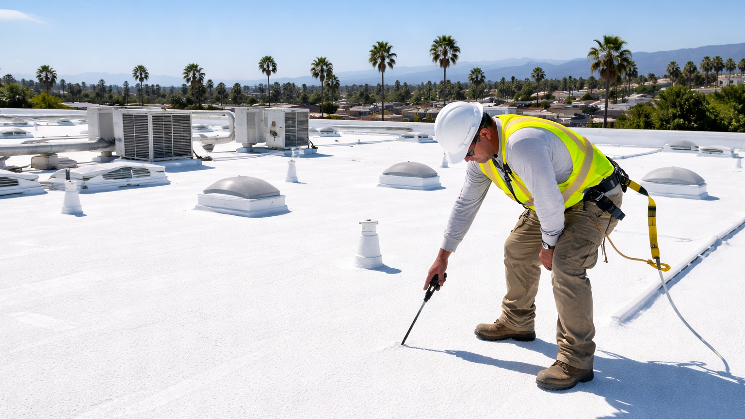 Recoat foam roof inspection showing surface wear and UV exposure