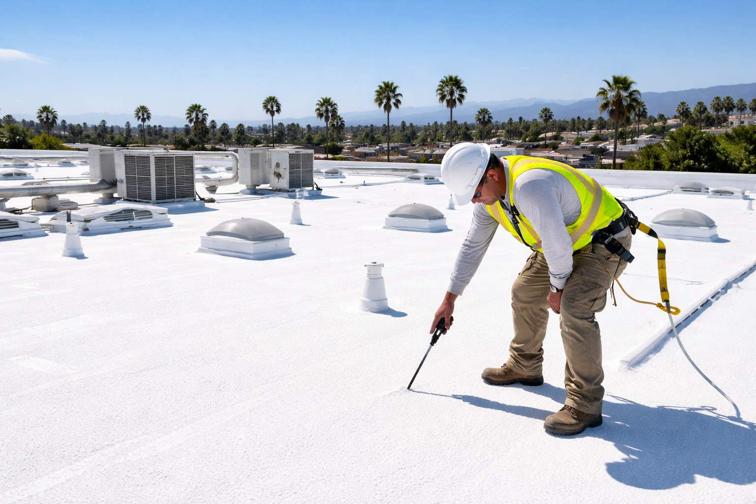 Recoat foam roof inspection showing surface wear and UV exposure