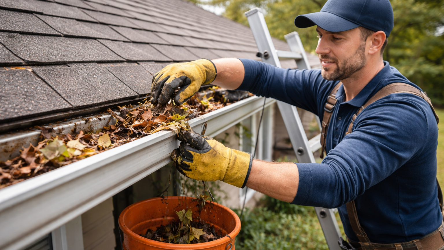 Roofer cleaning gutters on sunny day Professional performing gutter maintenance to prevent roof damage and leaks