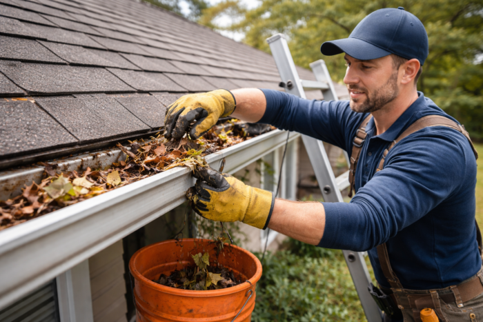 Professional performing gutter maintenance to prevent roof damage and leaks