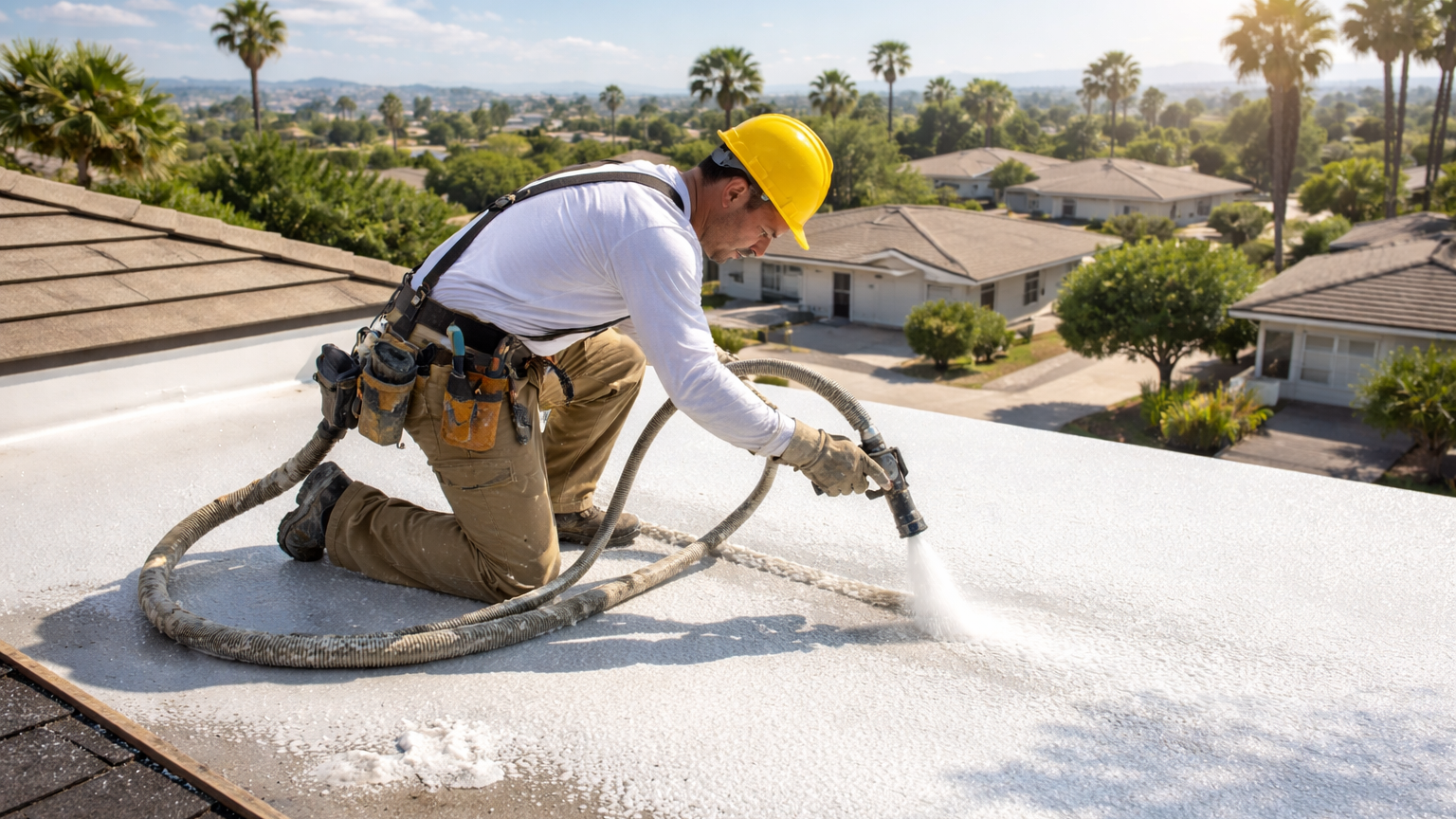 roof upgrades Southern California foam roofing installation on residential property