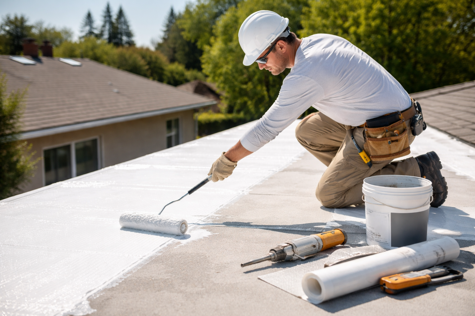 Roofing contractor applying coating to roof reflective roof coatings being applied to improve energy efficiency