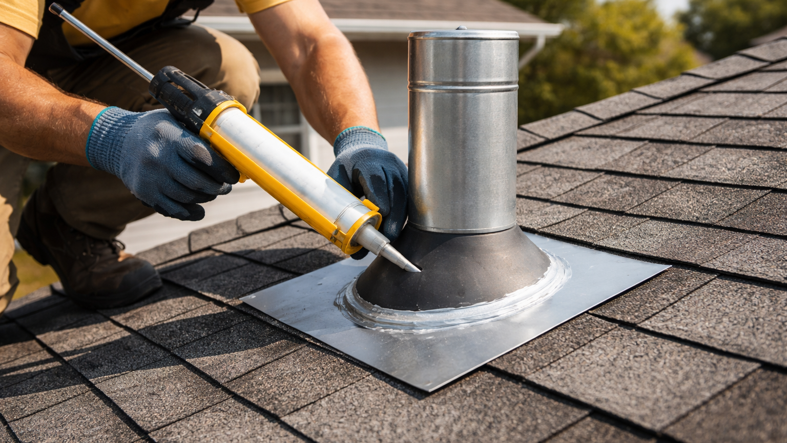 roof penetration leaks being repaired with flashing and sealant