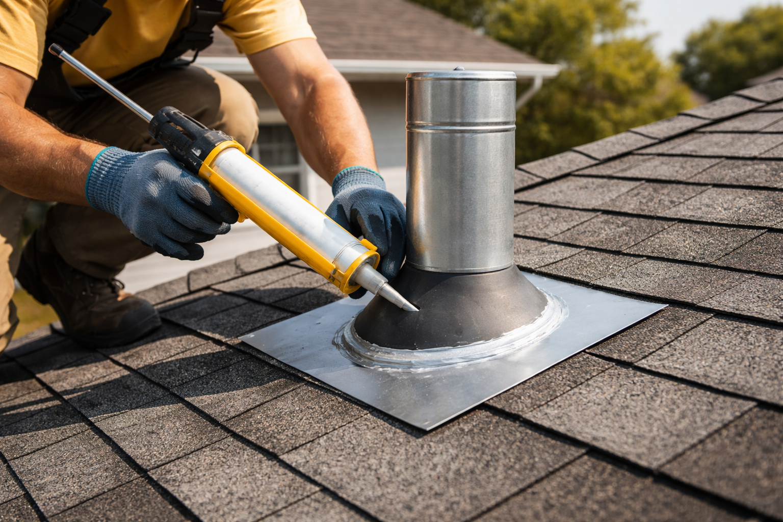 Sealing a vent pipe on the roof roof penetration leaks being repaired with flashing and sealant