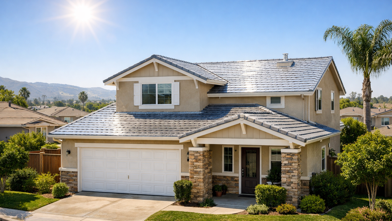 Title 24 roofing with reflective cool roof shingles on California home