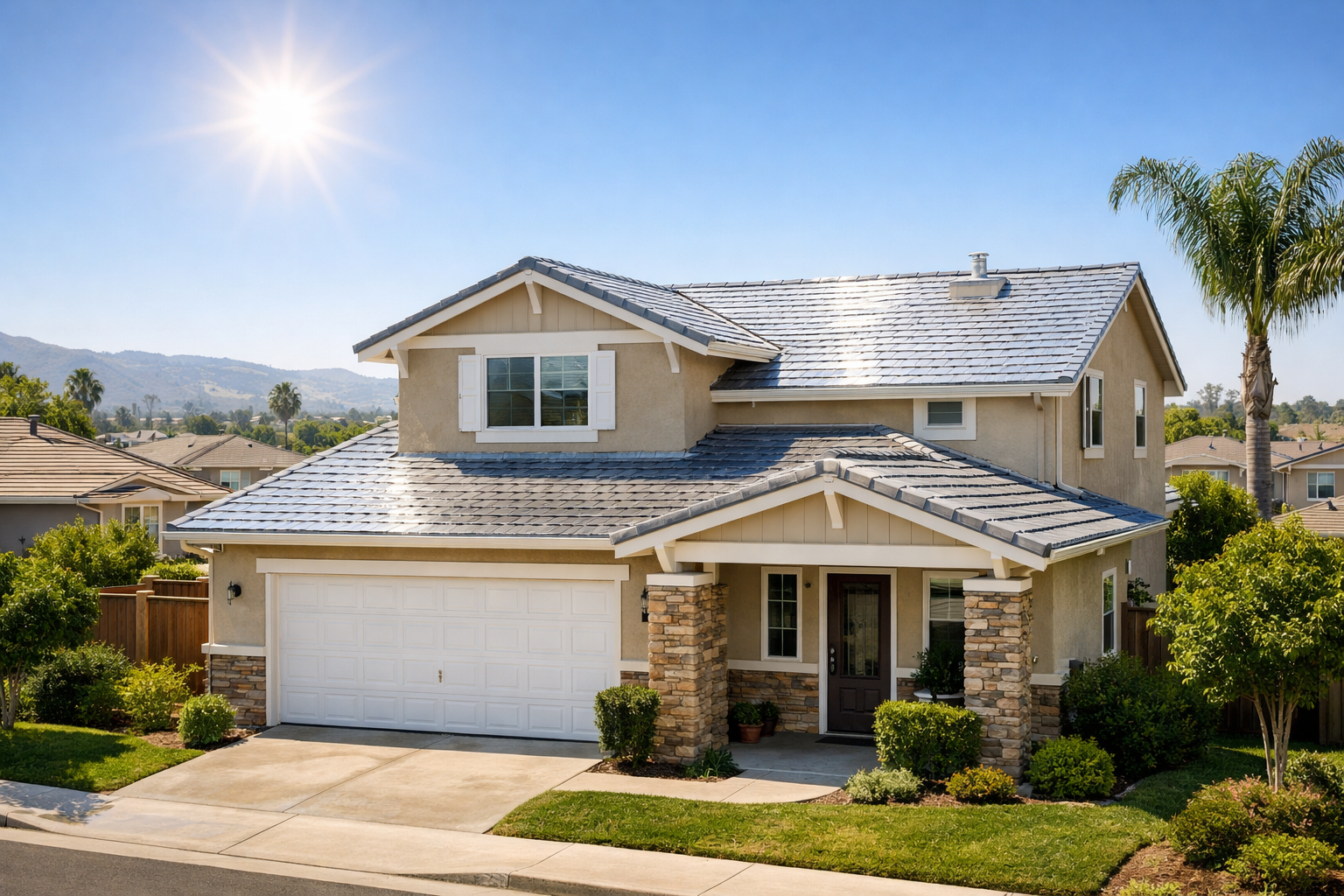 Title 24 roofing with reflective cool roof shingles on California home
