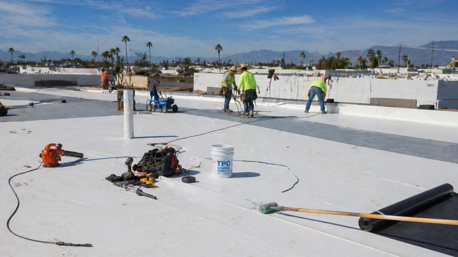 Single-ply roofing installed on a Southern California commercial property