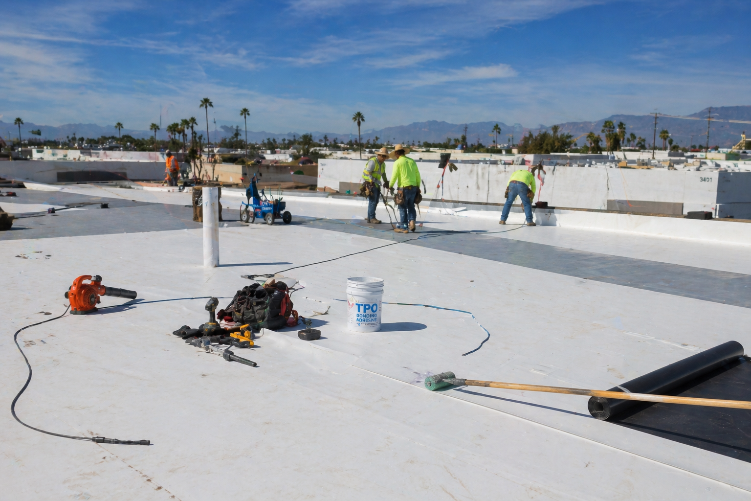 Single-ply roofing installed on a Southern California commercial property