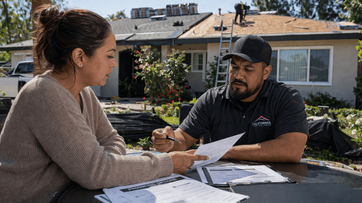 California homeowner comparing roof replacement financing options before a roofing upgrade