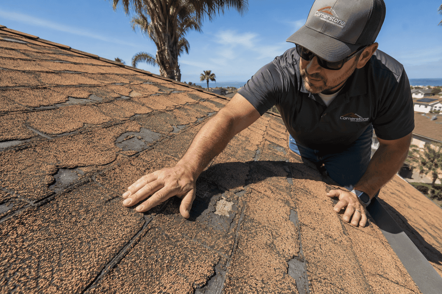 image-roof-inspection-on-a-sunny-day Roof blistering on a sun-exposed California roof surface