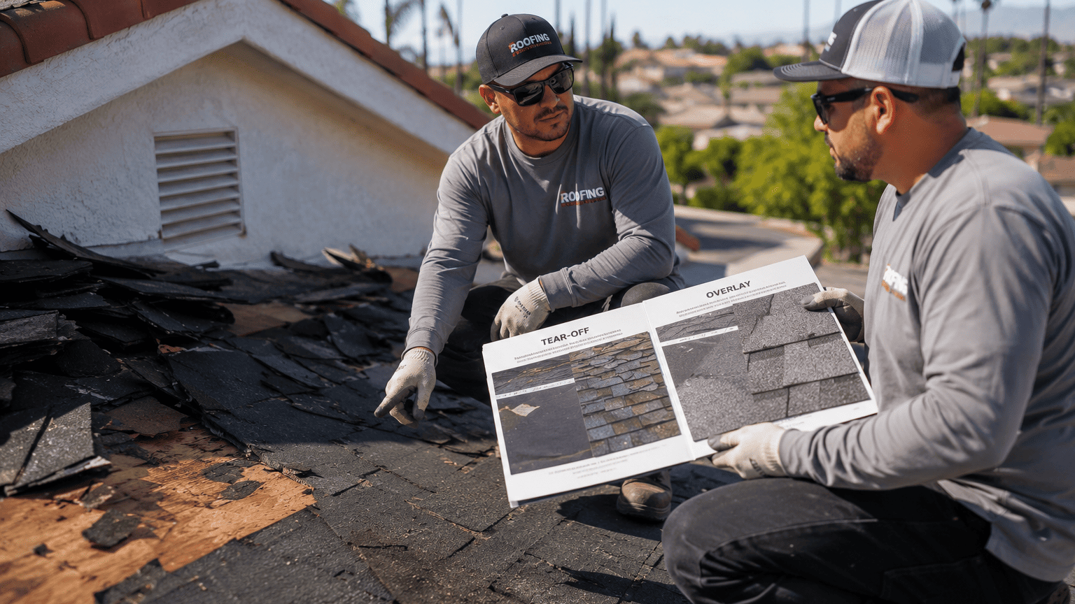 Roofing crew evaluating roof overlay vs reroofing options on a home