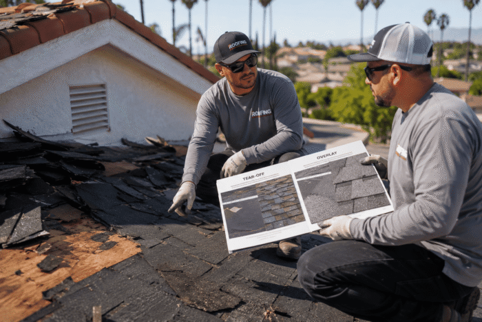 Roofing crew evaluating roof overlay vs reroofing options on a home