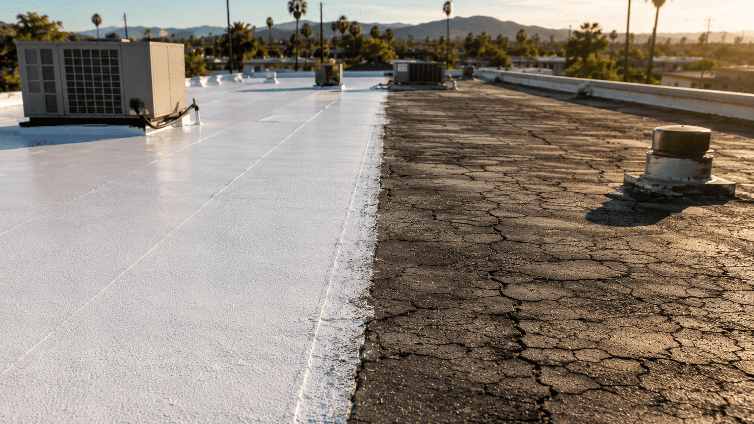 image-Rooftop-contrast-under-warm-sunlight UV exposure roofing conditions on a California home