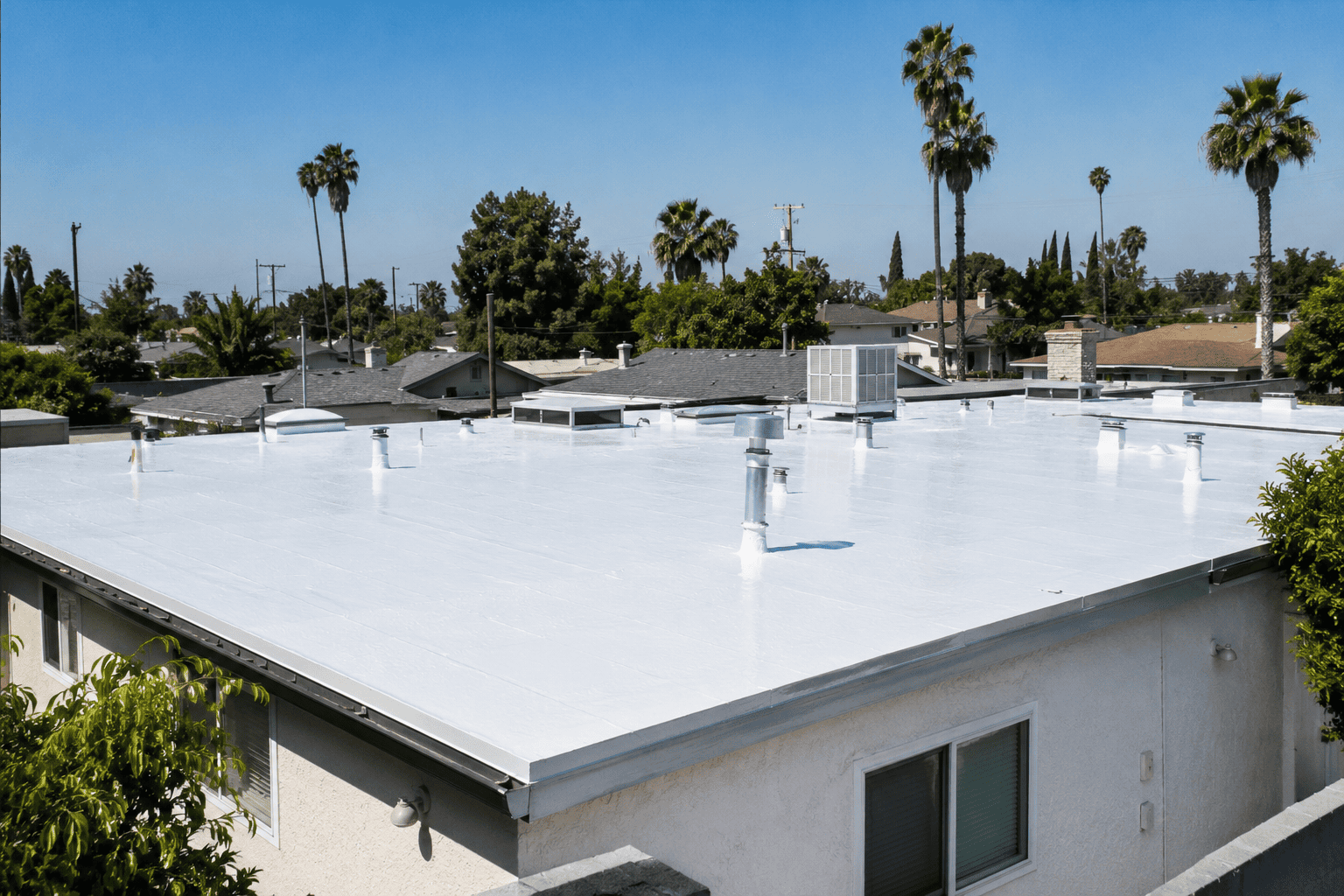 Reflective roofing helping reduce urban heat on a sunny California home