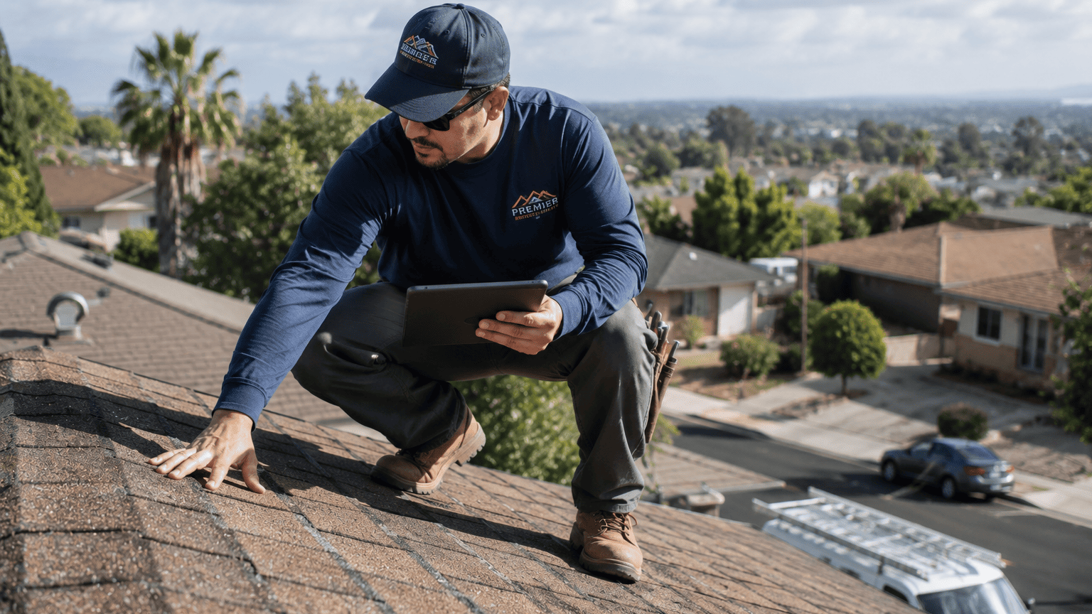 image-roofer-inspecting-shingles-in-suburban-neighborhood Roof load capacity evaluation before installing solar panels