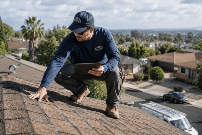 image-roofer-inspecting-shingles-in-suburban-neighborhood Roof load capacity evaluation before installing solar panels