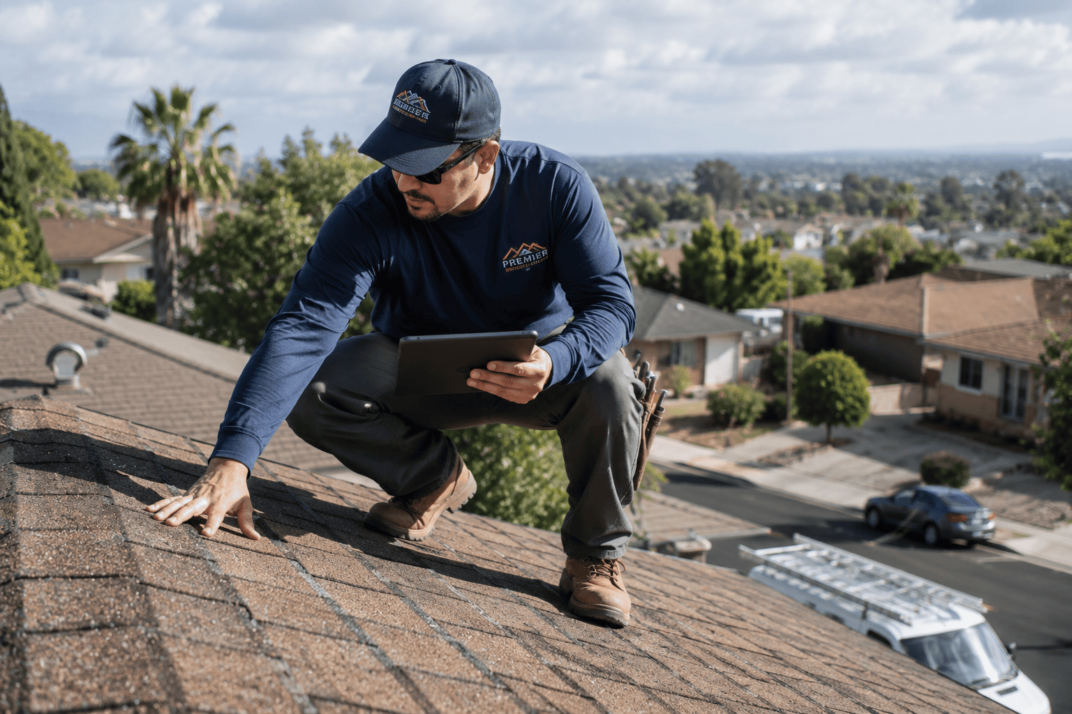 image-roofer-inspecting-shingles-in-suburban-neighborhood Roof load capacity evaluation before installing solar panels