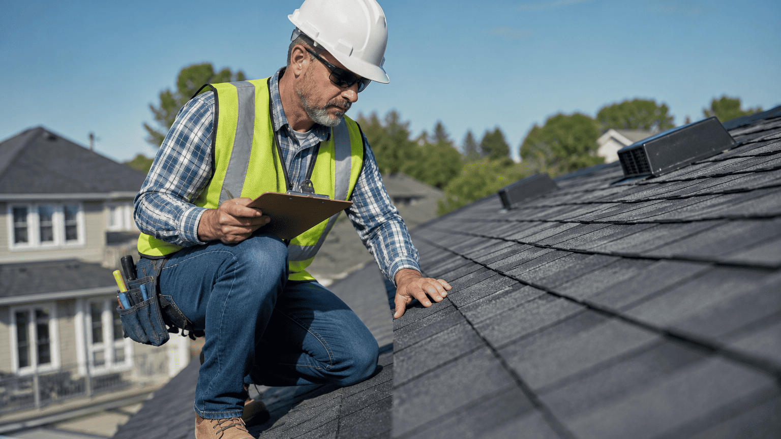 Contractor performing preventative roof maintenance on a residential roof