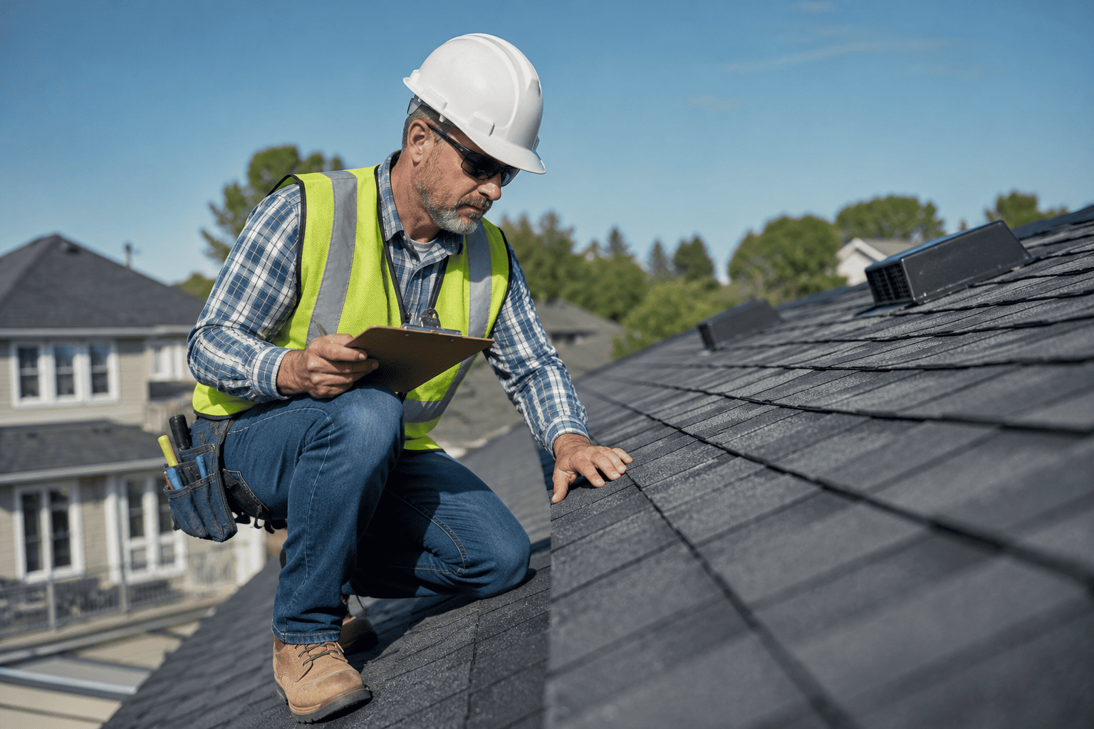 Contractor performing preventative roof maintenance on a residential roof
